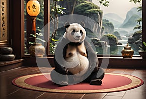 Meditating panda, sitting in lotus pose. Generative AI