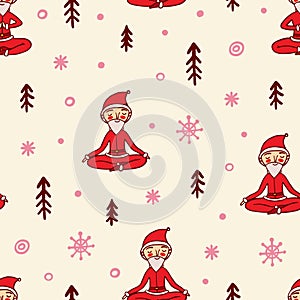 Meditating Santa Claus with Christmas items seamless pattern