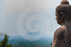 Meditating sitting Buddha in stone above jungle at