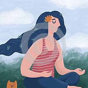 Meditating woman and a funny cat sitting outdoors