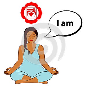 Meditating woman. I am - affirmation for chakra Muladhara. photo