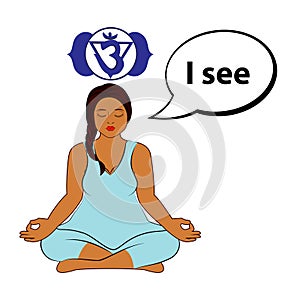 Meditating woman. I see - affirmation for chakra Ajna.