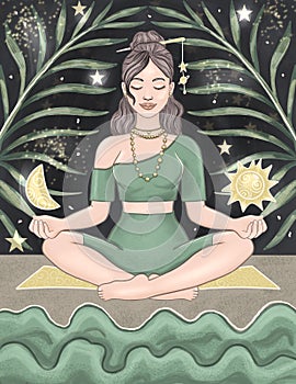 Meditating woman in lotus yoga pose with sun and moon illustration