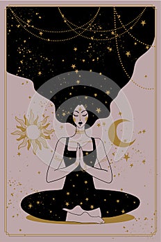 Meditating woman, mental balance, esoteric teachings, development of intuition and channeling. Vector illustration. photo