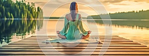 meditating woman on a pier on the shore of a lake at sunset, banner made with Generative AI