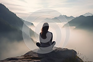 meditating woman sits on rock with mountain view AI generated