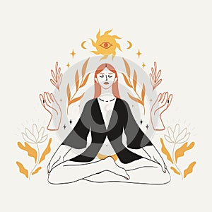 Meditating woman sitting in lotus pose in boho style with celestial bodies, mystic and floral elemets