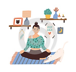 Meditating woman sitting in lotus pose with closed eyes vector flat illustration. Female with crossed legs practicing photo