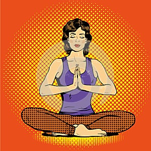 Meditating woman with speech bubble in retro pop art comic style. Mental balance and yoga concept
