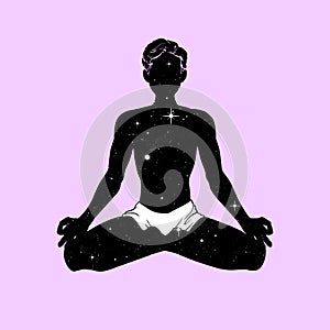 Meditating yogi man in lotus pose, space with stars, esoteric image symbol. Vector illustration