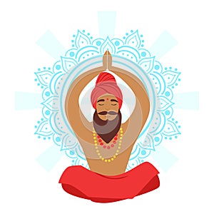 Meditating yogi man in yoga lotus pose, colorful character vector Illustration