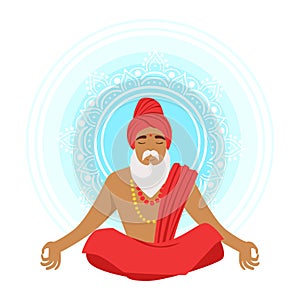 Meditating yogi man in yoga lotus pose, colorful character vector Illustration