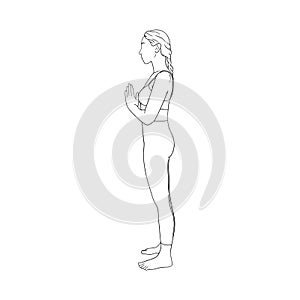 Meditating yogi woman. Hatha yoga prayer pose. Vector illustration in white background