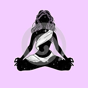 Meditating yogi woman in lotus pose, space with stars, esoteric image symbol. Vector illustration