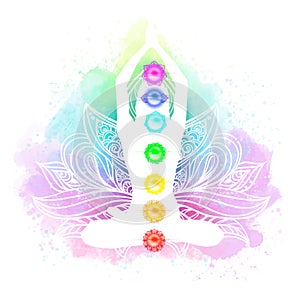 Meditation, aura and chakras watercolor vector illustration