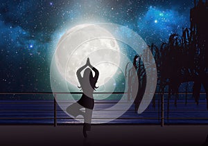 Meditation on a bridge watching the midnight sky with stars and full moon, light reflection in water wallpaper