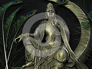 Meditation, buddha sitting on moon Peacock feathers