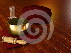 Meditation environment with wooden floor, Tibetan singing bowl, glass of water and Cushion Zafu Yoga Meditation - 3D illustration