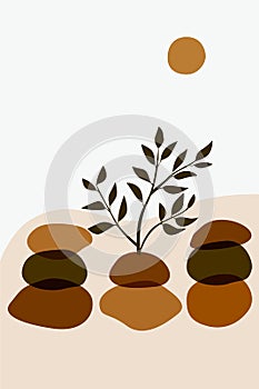 Meditation flat. Poster ovale stones minimalist style overlay sun plant. Vector illustration. Abstract shape rocks background.