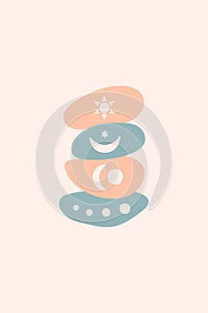 Meditation flat. Poster with ovale stones minimalist style overlay. Vector illustration. Abstract shape rocks background