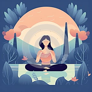 Meditation - A flat style illustration of a person meditating in a serene and calming environment