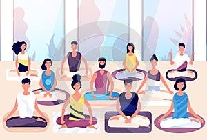 Meditation group. People sit in lotus posture and meditate against panoramic window. Business meditation, team building