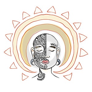 Meditation head with sun aura. Mask decorative composition.