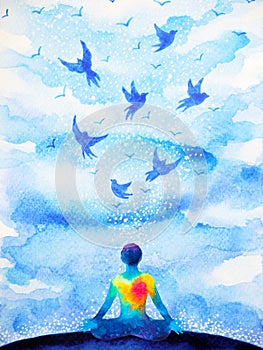 Meditation human, flying birds in blue sky abstract mind illustration