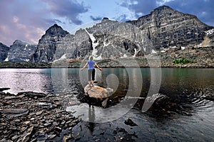 Meditation by lake in Valley of Ten Peaks. Inner peace. photo