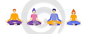 Meditation and Mental Health Concept. Young people sitting in Lotus Position on floor, character collection or set. Spiritual