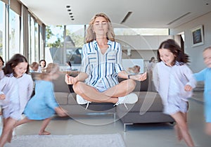 Meditation, mother and girls with energy, chaos and stress relief at home, calm and peace on a weekend. Mama, mom or