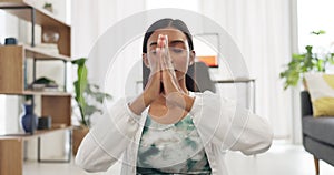 Meditation, peace and zen woman in house living room yoga for reiki energy, mental health wellness or mind training in