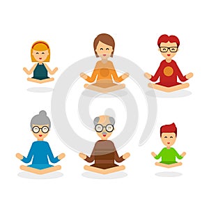 Meditation people cartoon character isolated on white background, people vector flat illustration. Happy family meditate