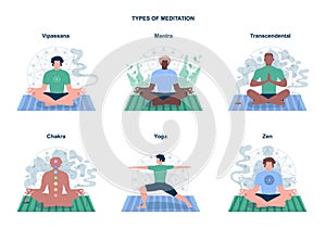 Meditation practice forms set. Zen, yoga, chakra, transcendental, mantra,