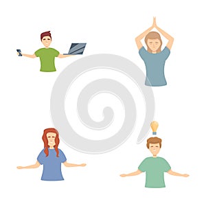 Meditation practice icons set cartoon vector. Young positive people meditating