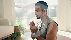 Meditation, pray hands with man and yoga at home, fitness and mindfulness with zen, calm and spiritual. Prayer, peace