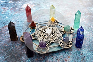 Meditation, reiki and crystal healing background. Healing crystals grid. photo