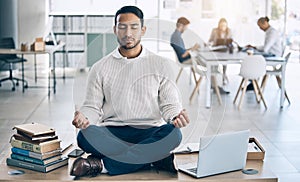 Meditation, relax or businessman with laptop, books or zen peace in office desk for work mindset, wellness or mental