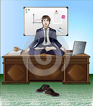 Meditation and relaxation in the office. A man meditates sitting on the office desk in the lotus position. Behind him is a white b