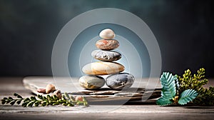 Meditation, relaxation. A pyramid of several flat river stones lying on top of each other