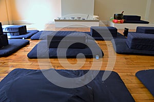 Meditation Room Set up Cushions and Pillows Preparation of Meditating Class Buddhism photo