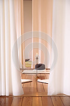 Meditation room with white curtains