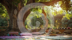A meditation session taking place under a large tree surrounded by uplifting messages and positive affirmations photo