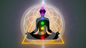 Meditation Silhouette with mandala background yellow triangle line