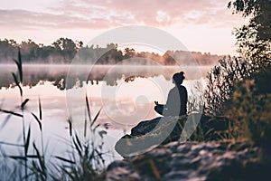 Meditation at Sunrise on Misty Lakeshore