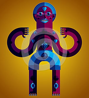 Meditation theme vector illustration, drawing of a creepy creature made in modernistic style. Spiritual idol created in cubism st