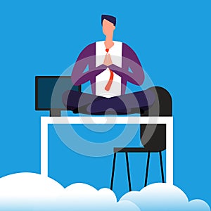 Meditation time on work. Man is meditating over the desk vector illustration