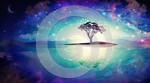 Meditation tree under stars, water mirror, tree of knowledge, cosmos, universe sky