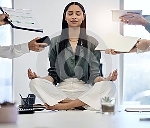 Meditation, woman at desk surrounded by work and relax with project deadline, time management and mental health. Zen