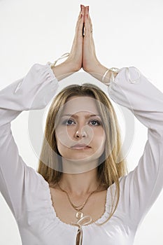 Meditation woman. White isolation.